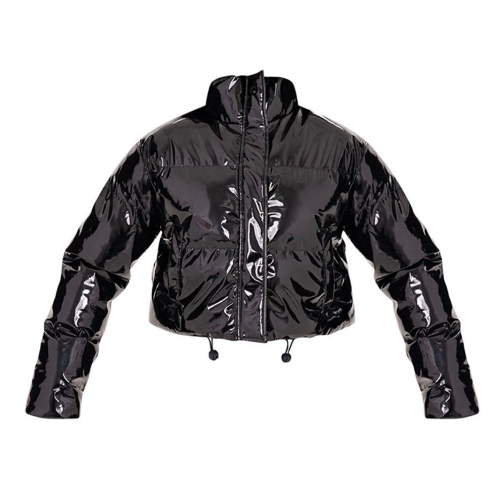 Moto PrettyLittleThing Black Vinyl Y2K Puffer Jacket High Shine Cropped US 12
